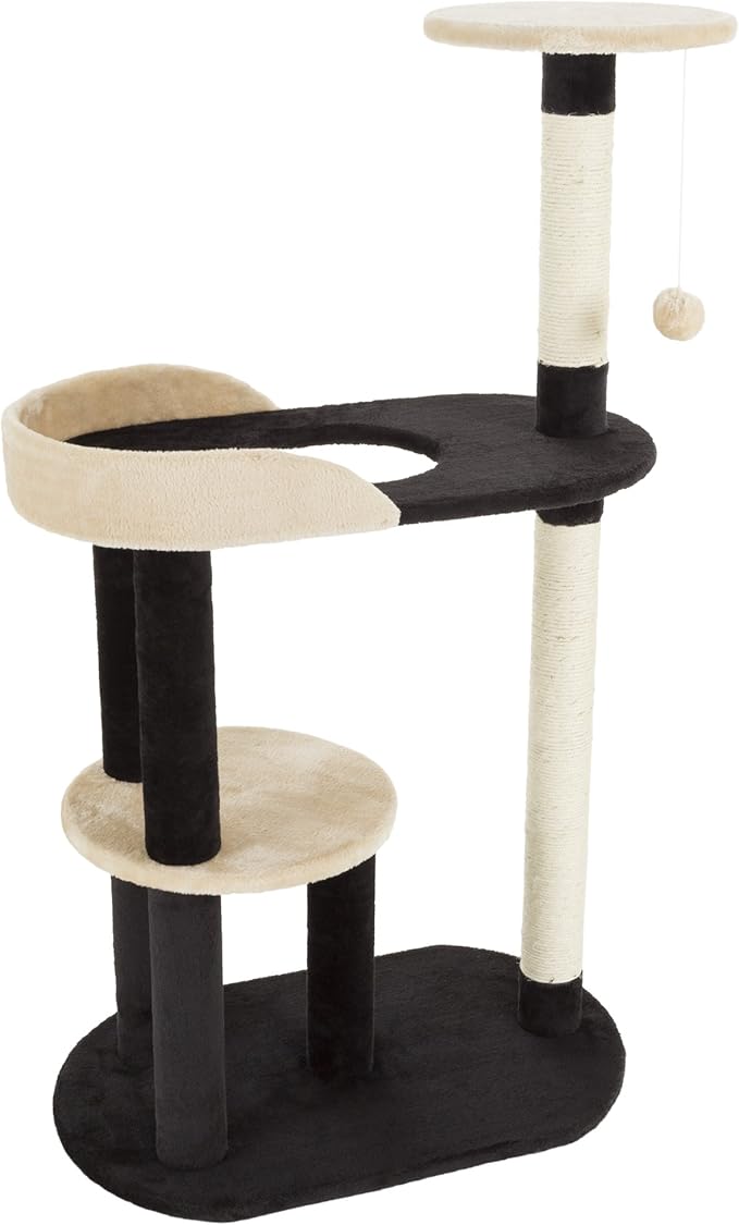 3-Tier Cat Tower - Indoor Feline Furniture with 2 Napping Perches, 2 Sisal Rope Scratching Posts, Peek Hole, and Fun Hanging Toy by PETMAKER (Black)