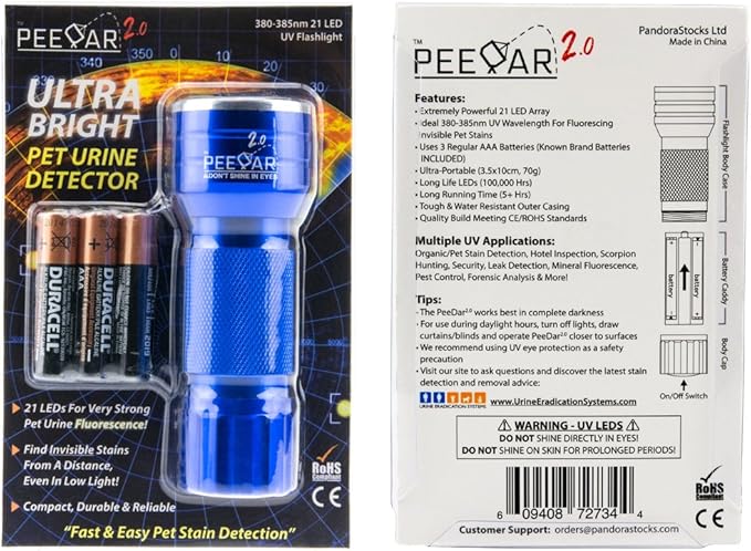 2.0 UV Pet Urine Detector Black Light Flashlight + Cat & Dog Behaviorist Book + 3 AAAs. Ultra Bright Optimal 380-385NM LEDs Find Invisible Stains Instantly! Rid Cat, Dog Pee Issues Forever.