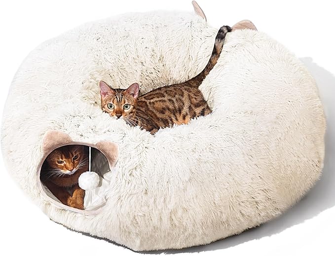 Cat Tunnel with Cat Bed for Indoor Cats, Soft Plush Peekaboo Cat Cave Donut Tunnel, Multifunctional Cat Playground Toys Hideplace for Small Medium Large Cats, Kittens, Rabbit, Ferret (Cream White)