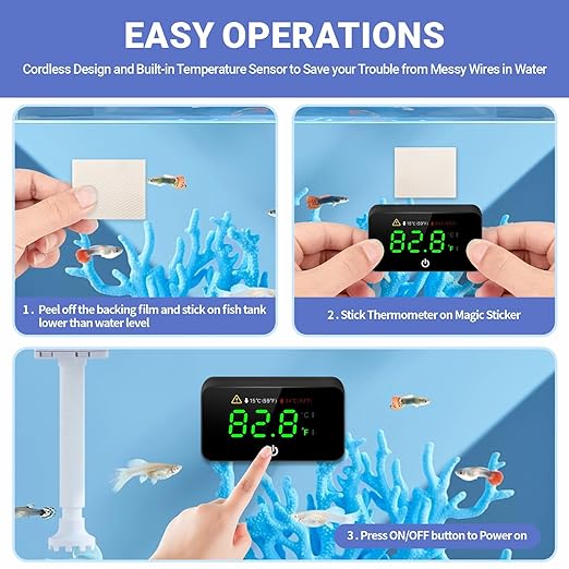 Digital Aquarium Thermometer, Stick-on Fish Tank Thermometer with LED Display, Wireless Aquarium Temperature Measurement with Battery-change Tool and Extra Sticker.(Black*2)