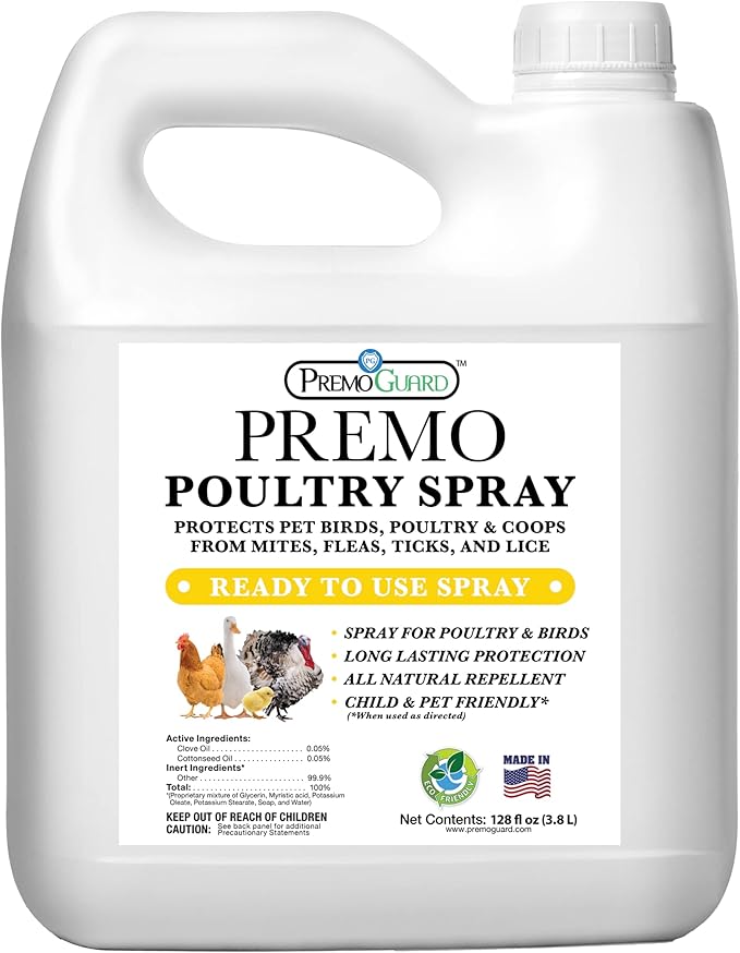 Poultry Spray by Premo Guard – Treat Mites, Fleas, Flies, and Lice – Fast Acting & Effective – Chicken, Turkey, Waterfowl, and Birds – Best Natural Protection for Control & Prevention – 128 oz