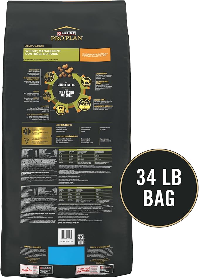Purina Pro Plan Weight Management Dog Food, Shredded Blend Chicken & Rice Formula - 34 lb. Bag