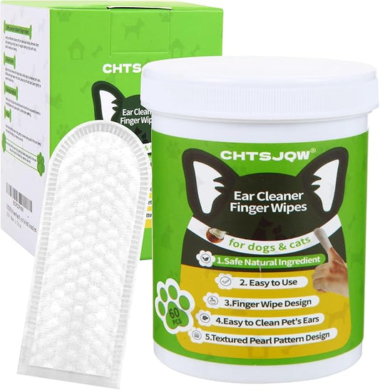 Ear Cleaner Finger Wipes, Dog and Cats Ear Cleaner 60 Counts, Dog Ear Wipes Reduce Earwax Buildup, Grooming Kit Care for Dogs and Cats, Dog Supplies Ear Cleaner Wipes Remove Dirt & Non-Irritating