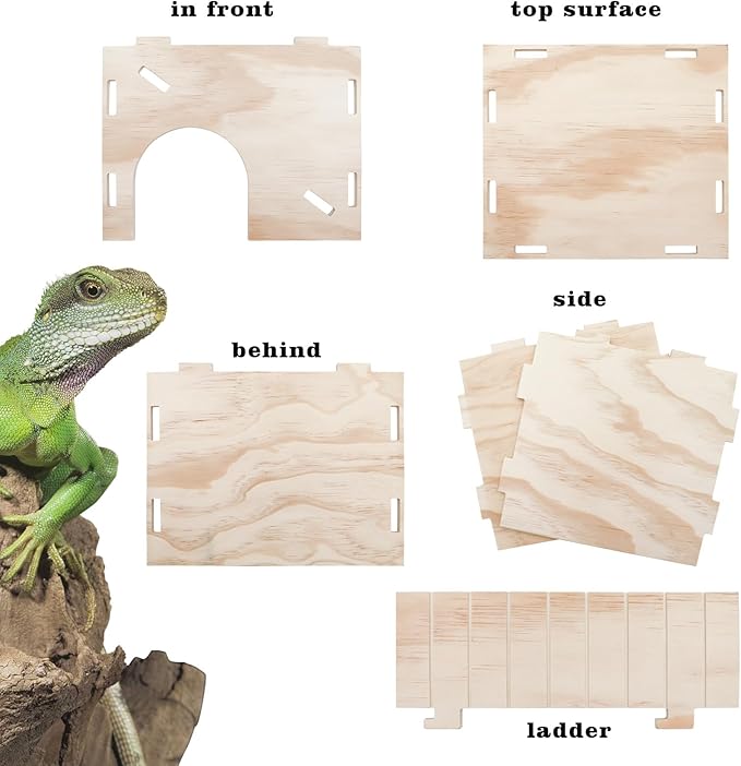 Large Bearded Dragon Hide Cave, Wooden Lizard Hideout with Climbing Ramp, Reptile Habitat with Basking Platform, Tank Accessories for Bearded Dragon Lizard Chameleon Hamster 11.3 x 9.1 x 7.1 Inch