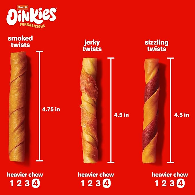 Hartz Oinkies Porkalicious Smoked Pig Skin Jerky Twists Dog Treats, 32pk