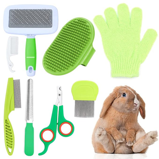 8 Pcs Small Animal Pink Grooming Kit, Rabbit Grooming Kit with Pet Nail Clipper and File, Flea Comb, Pet Shampoo Bath Brush , Pet Shedding Slicker Brush, Bath Massage Glove, Cleaning Comb (Green)