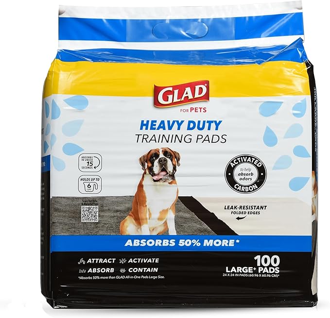 Glad for Pets Heavy Duty Activated Carbon Training Pads, 24" x 24" 100ct | Ultra Absorbent Training Pads - Absorbs 50% More Than Standard Pad in Same Size; Heavy Duty Puppy Potty Training Pads