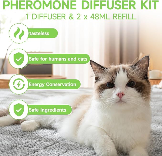 Cat Pheromones Calming Diffuser, 2 in 1 Cat Calming Starter Kit (Diffuser Head + 2pcs 48ml Vial) for 60 Days Use, Enhanced Cat Calming Diffuser Kit for Cat Anxiety Relief