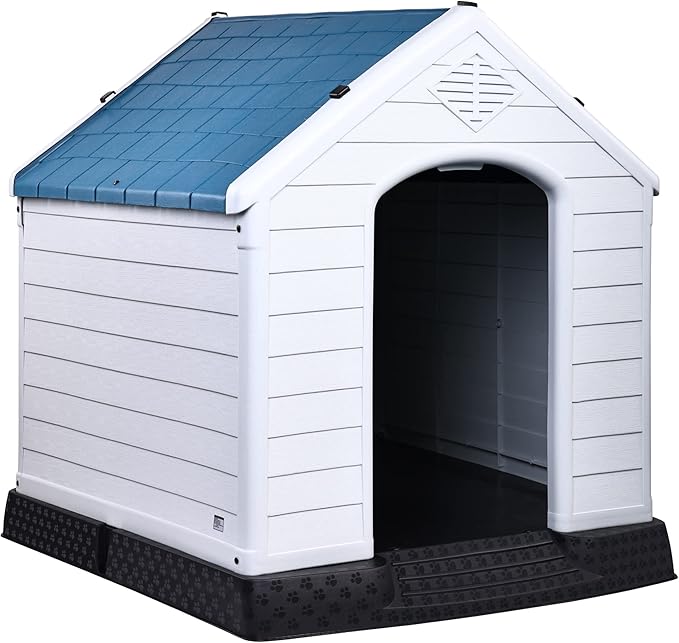 Plastic Dog House, Insulated Doghouse Puppy Shelter, Water Resistant Easy Assembly Sturdy Dog Kennel with Elevated Floor and Air Vents, Ventilate for Small to Large Sized Dogs (41-Inch, Blue)