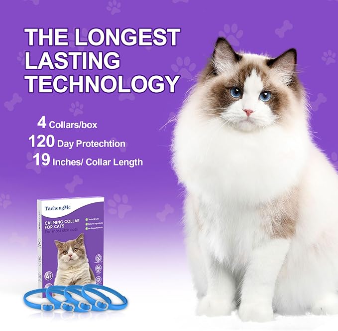 Calming Collar for Cats, 4 Pack Cat Calming Collar, Effective Relief Ancxiety Stress Cat Pheromone Collar, Water-Resistant & Adjustable Cat Calming Collar Fits Cats, Blue