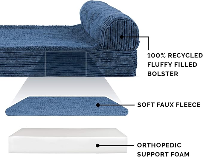 Furhaven Orthopedic Dog Bed for Large Dogs w/ Removable Bolster & Washable Cover, For Dogs Up to 125 lbs - Fleece & Corduroy Bolster Chaise - Navy Blue, Jumbo Plus/XXL