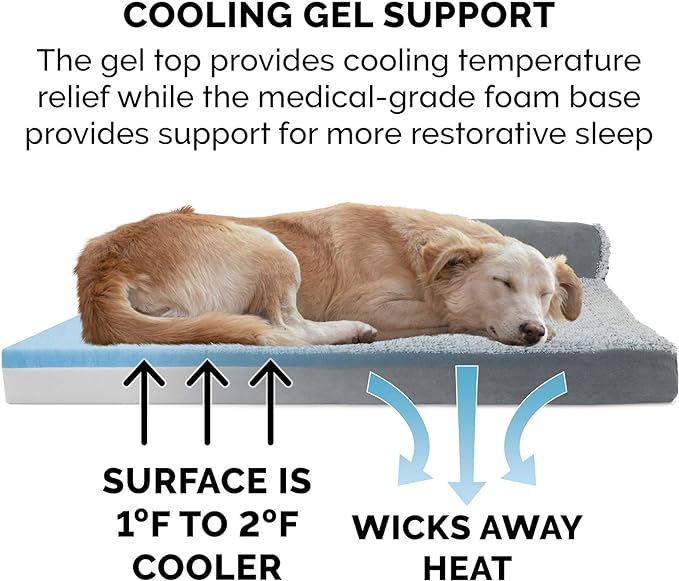 Furhaven Cooling Gel Dog Bed for Large Dogs w/ Removable Bolsters & Washable Cover, For Dogs Up to 95 lbs - Two-Tone Plush Faux Fur & Suede L Shaped Chaise - Stone Gray, Jumbo/XL