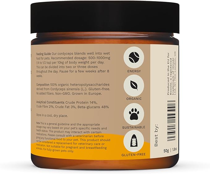 Boosie Organic Adaptogenic Powder for Dogs and Cats - Enhances Energy, Endurance and Muscle Health - Cordyceps Mushroom - 100% Natural Without Additives or Preservatives - Pet Nutrition