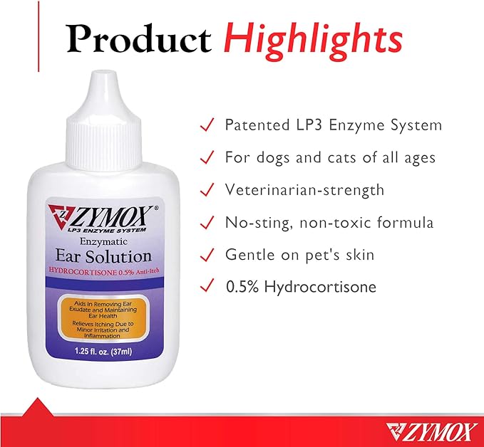 ZYMOX Enzymatic Ear Solution with 0.5-Percent Hydrocortisone, for Dog & Cat, 1.25 oz