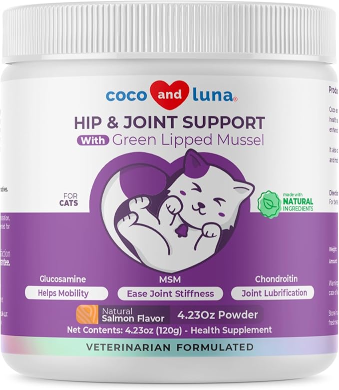 Glucosamine for Cats - 4.23oz/120g Powder - Hip and Joint Supplement for Cats with Green Lipped Mussel, MSM, Chondroitin, and Vitamin E (for Cats)