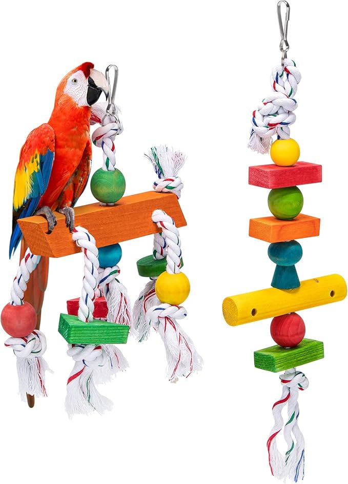 Nobleza Bird Toys, 2 Pack Parrot Chew Toys with Nature Wood Non-Toxic Safe Cotton Rope, Colorful Foraging Toys Bird Cage Accessories for Parrots, Cockatiels, Parakeets, Budgies