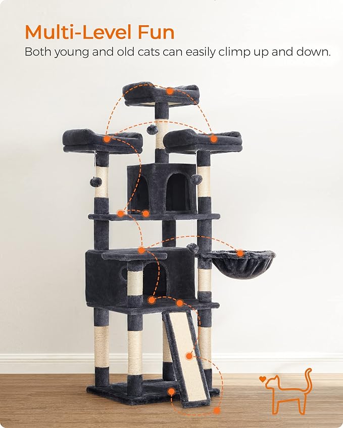 FEANDREA Cat Tree, Large Cat Tower, Cat Condo with Scratching Posts, Board, 2 Caves, 3 Plush Perches, Activity Center, 66.5 Inches, Smoky Gray UPCT019G01