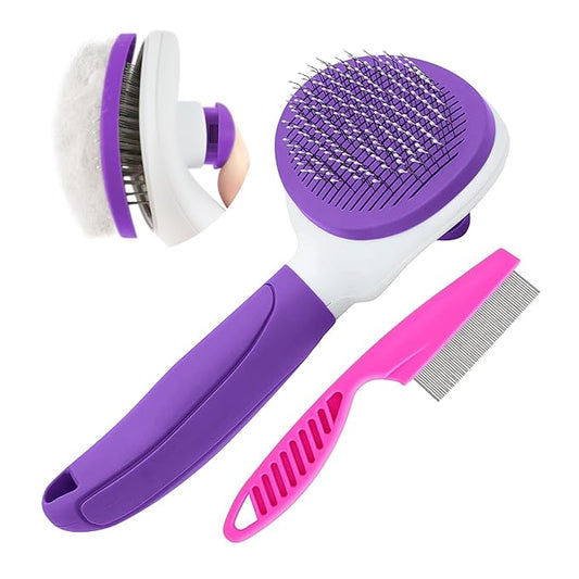 Cat Brushes for Indoor Cats, Dog Brush for Shedding with Metal Cat Comb, Self Cleaning Pet Hair Brush with Release Button for Grooming Kitten(Purple)