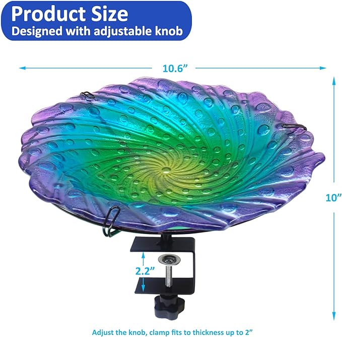 Deck Mounted Bird Bath, Deck Bird Bath for Deck Railing, Glass Ripple Bird Baths Bowl Detachable, Deck Bird Feeder with Heavy Duty Adjustable Base, Railing Bird Bath for Deck, Balcony, Fence-Colorful