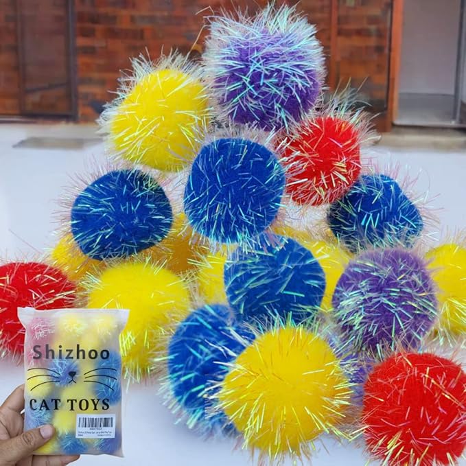 20 Pieces Sparkle Pom Pom Balls for Cat - Interactive Glitter Balls, Multicolor, Size of 1.6 inches, Best as Kitten Play Toys…