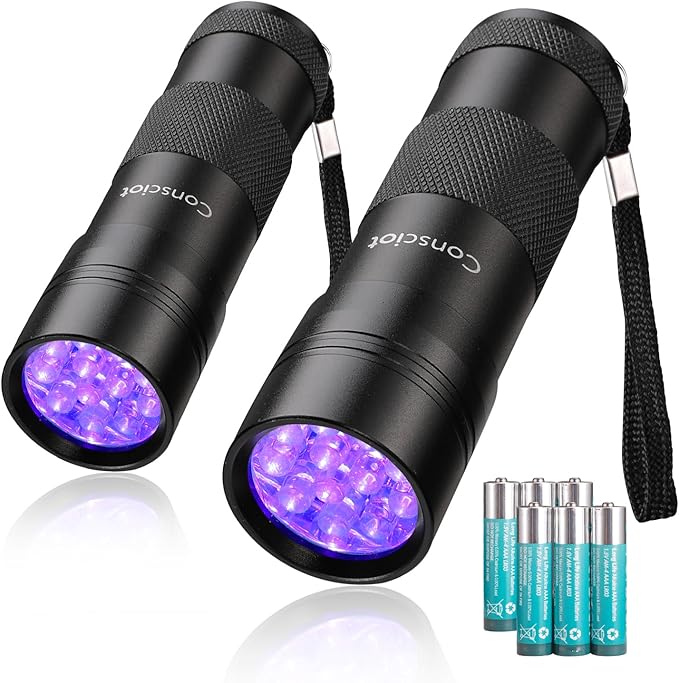 Consciot 2 Pack UV Flashlight Black Light, 12 LED 395nm Ultraviolet Blacklight, Portable Mini Torch Light Pet Urine Detector for Dog/Cat Urine, Dry Stains, Bed Bug, Matching with Pet Odor Eliminator