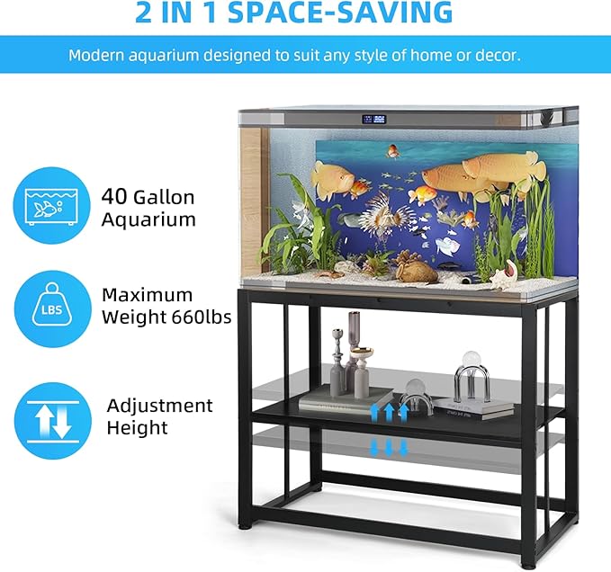 VOWNER 40-50 Gallon Fish Tank Stand - Metal Aquarium Stand, 36.6" x 18.5" x 29.5" Adjustable Heavy Duty Reptile Tank Stand, Adjustable 2-Tier Fish Tank Rack Shelf for Home Office, Tank not Included