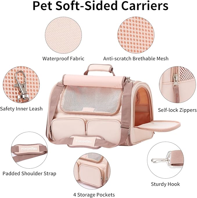 FUKUMARU Cat Carrier, 4 Mesh Windows Small Dog Carrier, 4 Storage Pockets Cat Travel Bag, Under 15 lb Airline Approved Pet Carrier, Rollable Cover for Nervous Cats, Pink