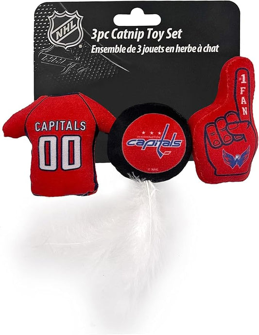 BEST PLUSH CAT TOY NHL WASHINGTON CAPITALS Complete Set of 3 piece Cat Toys filled with Fresh Catnip. Includes: 1 Jersey Cat Toy, 1 Hockey Puck Cat Toy with Feathers & 1 #1 Fan Cat Toy. With Team LOGO