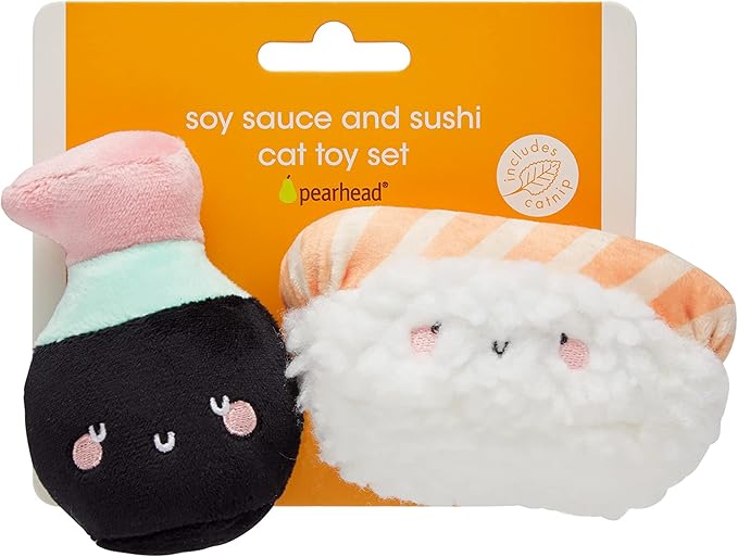 Pearhead Sushi & Soy Sauce Cat Toys, Set of 2, Plush Interactive Chew Toys, Pet Owner Must Have Catnip Toys, Set of 2 Plush Toys, Sushi and Soy Sauce Catnip Toys