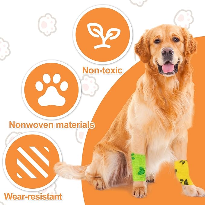 6 Roll 2 Inch x 5 Yards Paw Print Pet Vet Wrap for Dogs Cats, Cohesive Bandages in Bulk, Colorful Non-Woven Self Adhesive Bandages Wrap Roll for Pet Animals Wound Care, Ankle Sprains and Swelling