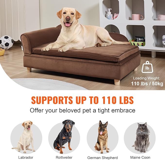 VEVOR Pet Sofa, Dog Couch for Large-Sized Dogs and Cats, Soft Velvety Dog Sofa Bed, 110 lbs Loading Cat Sofa, Dark Brown