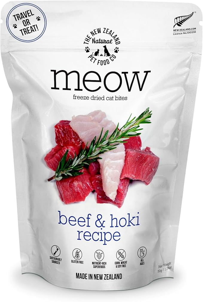 Meow Beef & Hoki Freeze Dried Raw Cat Food, Mixer, or Topper, or Treat - High Protein, Natural, Limited Ingredient Recipe 1.7 oz