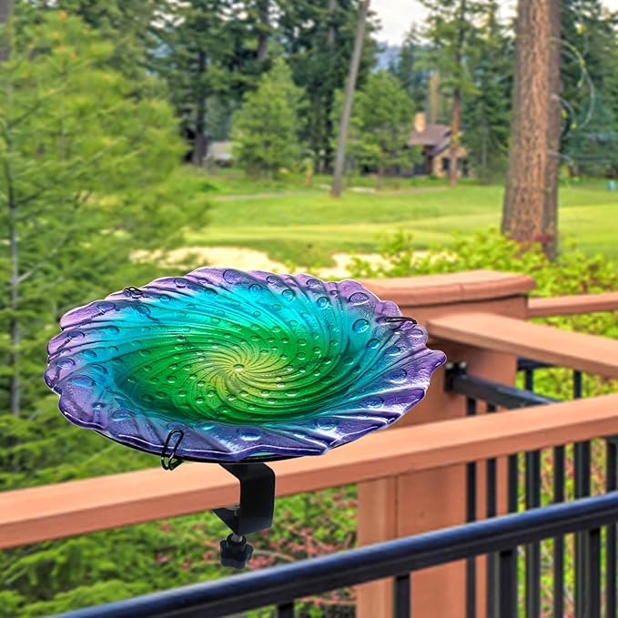 Deck Mounted Bird Bath, Deck Bird Bath for Deck Railing, Glass Ripple Bird Baths Bowl Detachable, Deck Bird Feeder with Heavy Duty Adjustable Base, Railing Bird Bath for Deck, Balcony, Fence-Colorful