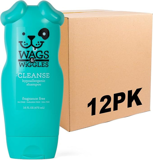 Wags & Wiggles Cleanse Hypoallergenic Shampoo | Hypoallergenic Dog Shampoo for Dogs with Sensitive Skin, Pet Shampoo | Fragrance-Free Dog Cleansing Shampoo, 16 Ounces - 12 Pack