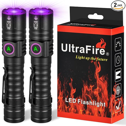 ULTRAFIRE UV 395nm Flashlight - USB Rechargeable, Powerful Ultraviolet LED Black Light with Clip, Ideal for Resin Curing/Scorpion Detection/Fluorescent Discovery/Pet Urine Disclosure - Pack of 2