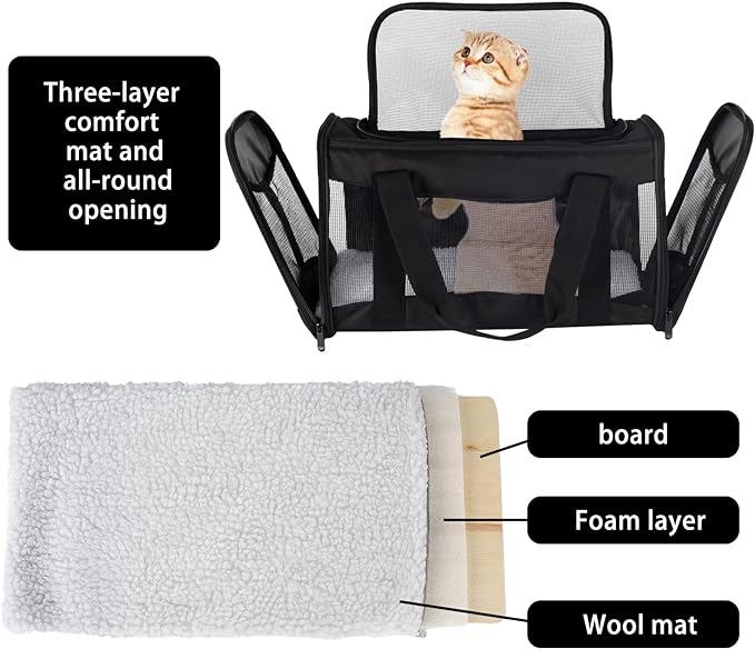 Cat Carrying Case - Pet Carrier Airline Approved, Protable and Breathable Pet Travel Carrier Removable Fleece Pad, Collapsible Cat Carrier Dog Carrier for Medium Cats Small Cats Dogs (X-Large, black)