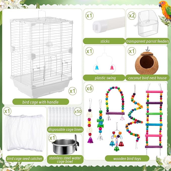 Parrot Starter Kit, 17.7" Bird Cage with Handle 6 Pcs Wood Bird Toys for Parakeets, Parrot Feeders Water Cage Bowls, Bird Cage Seed Catcher, Coconut Bird Nest Hut, Disposable Cage Liner