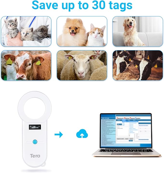 Tera Pet Microchip Reader Scanner RFID Portable Animal Chip ID Scanner with OLED Display Screen Rechargeable Data Storage Tag Scanner Supports EMID FDX-B(ISO11784/85) for Dog Pig Animal Management H01