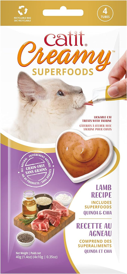 Catit Creamy Superfood Lickable Cat Treat – Hydrating and Healthy Treat for Cats of All Ages - Lamb with Quinoa & Chia, 4-Pack