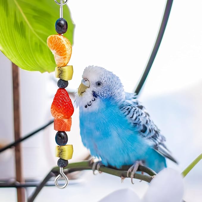 3pcs Parrot Fruit Skewer, Stainless Steel Bird Vegetable Skewer with Hook Bird Food Holder Cage Food Stick Feeder Skewer Parrot Foraging Toy for Budgies, Parakeets, Macaws