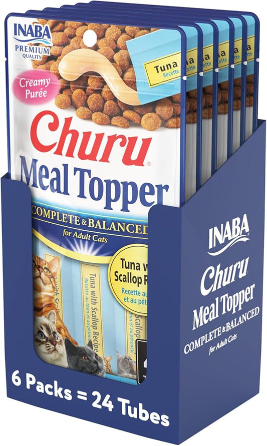 INABA Churu Meal Topper for Cats, Complete & Balanced, Creamy, Lickable Purée Cat Food Topper, 0.5 Ounce Tube, 24 Tubes (4 per Pack), Tuna with Scallop Recipe