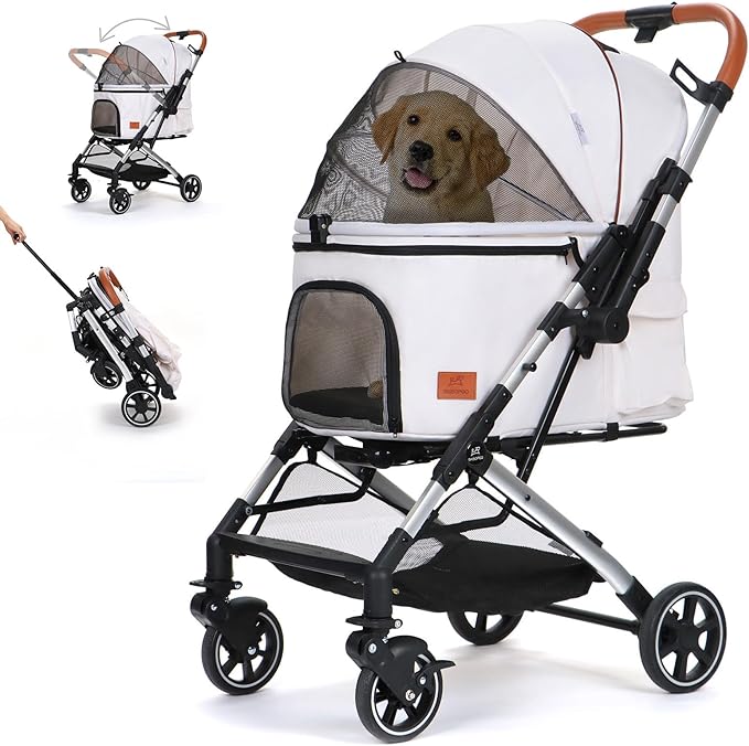 Pet Strollers for Small Medium Dogs Cats, No Zipper Entry with Reversible Handle, One-Hand Foldable Puppy Doggie Jogging Stroller Pet Travel (white)