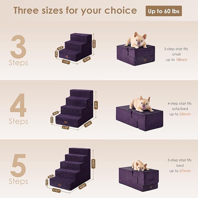 EHEYCIGA Dog Stairs for Small Dogs 13.5" H, 3-Step Dog Steps for Couch Sofa and Chair, Pet Steps for Small Dogs and Cats, Non-Slip Balanced Dog Indoor Ramp, Purple