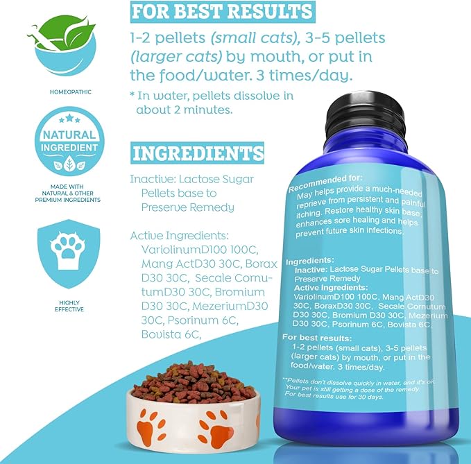 Mange Relief for Cats - Treatment for Itchiness, Scabs, & Hair Loss Caused by Mites - All-Natural, Homeopathic, Non-GMO, Organic - Gluten, Preservative & Chemical Free - 300 ct