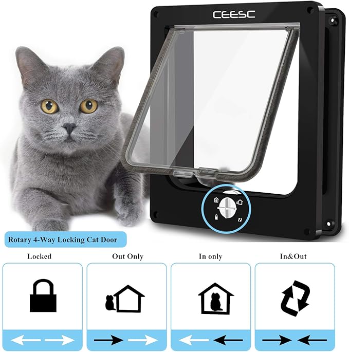 CEESC Large Cat Doors, Magnetic Pet Door with 4 - Way Rotary Lock for Cats, Kitties and Kittens, Upgraded Version (Large, Black)