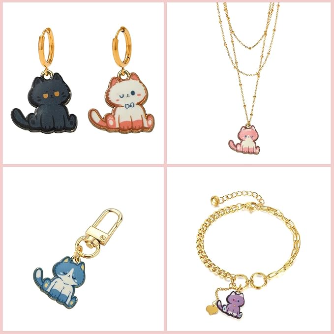 KitBeads 16pcs 8 Styles Kitten Charms Cartoon Animal Pet Charms Flower Printed Mini Cat Charms for Jewelry Making Bracelets Bulk