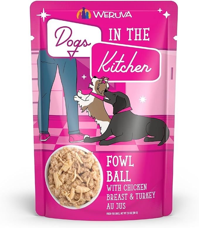 Weruva Dogs in The Kitchen, Fowl Ball with Chicken Breast & Turkey Au Jus Dog Food, 2.8oz Pouch (Pack of 12)