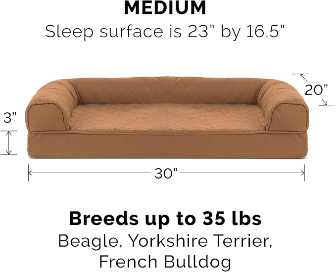 Furhaven Orthopedic Dog Bed for Medium/Small Dogs w/ Removable Bolsters & Washable Cover, For Dogs Up to 35 lbs - Quilted Sofa - Toasted Brown, Medium