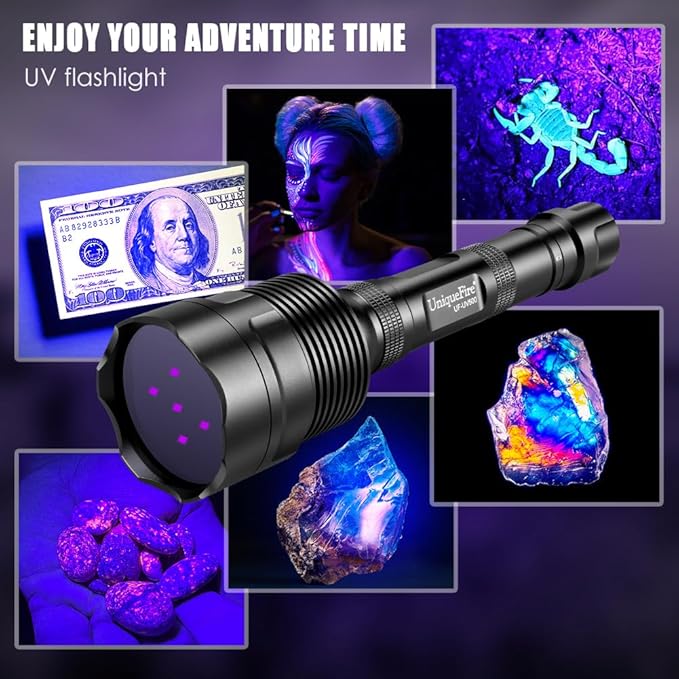 UniqueFire 365nm Black Light UV Flashlight with 5 LEDs Professional UV Light, 50W Powerful Blacklight Flashlight Rechargeable for Pet Urine Finding & Mineral, Antique Detection, Scorpion Search, etc