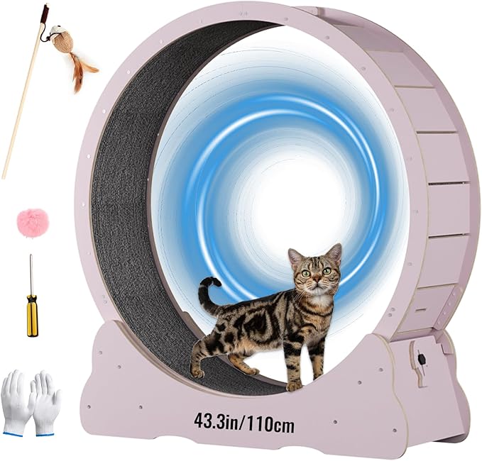 Cat Wheels for Indoor Cats. Extra Large Diameter Cat Treadmill. Made of Natural Solid Wood. Inside Diameter 40in/100cm. Including Installation Tools and Cat Teaser. (Pink)
